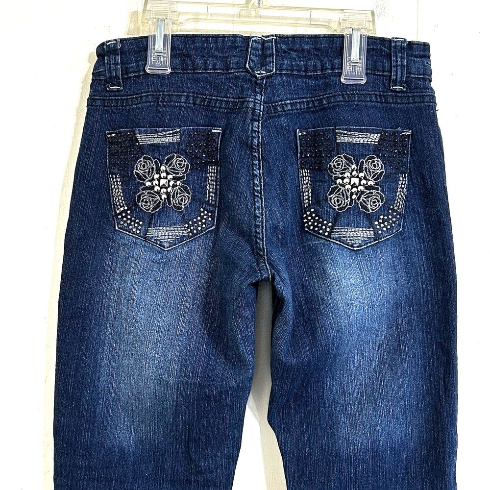 Jz Jeans Y2K Women's Blue Dark Wash Skinny Jeans Size 11 Low Rise Rhinestone - Picture 2 of 15